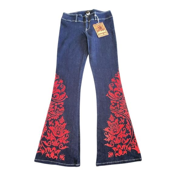 JNCO Denim - JNCO Jeans Women Size 11 Juniors Blue Denim Red Floral Embroidered Flare Vintage